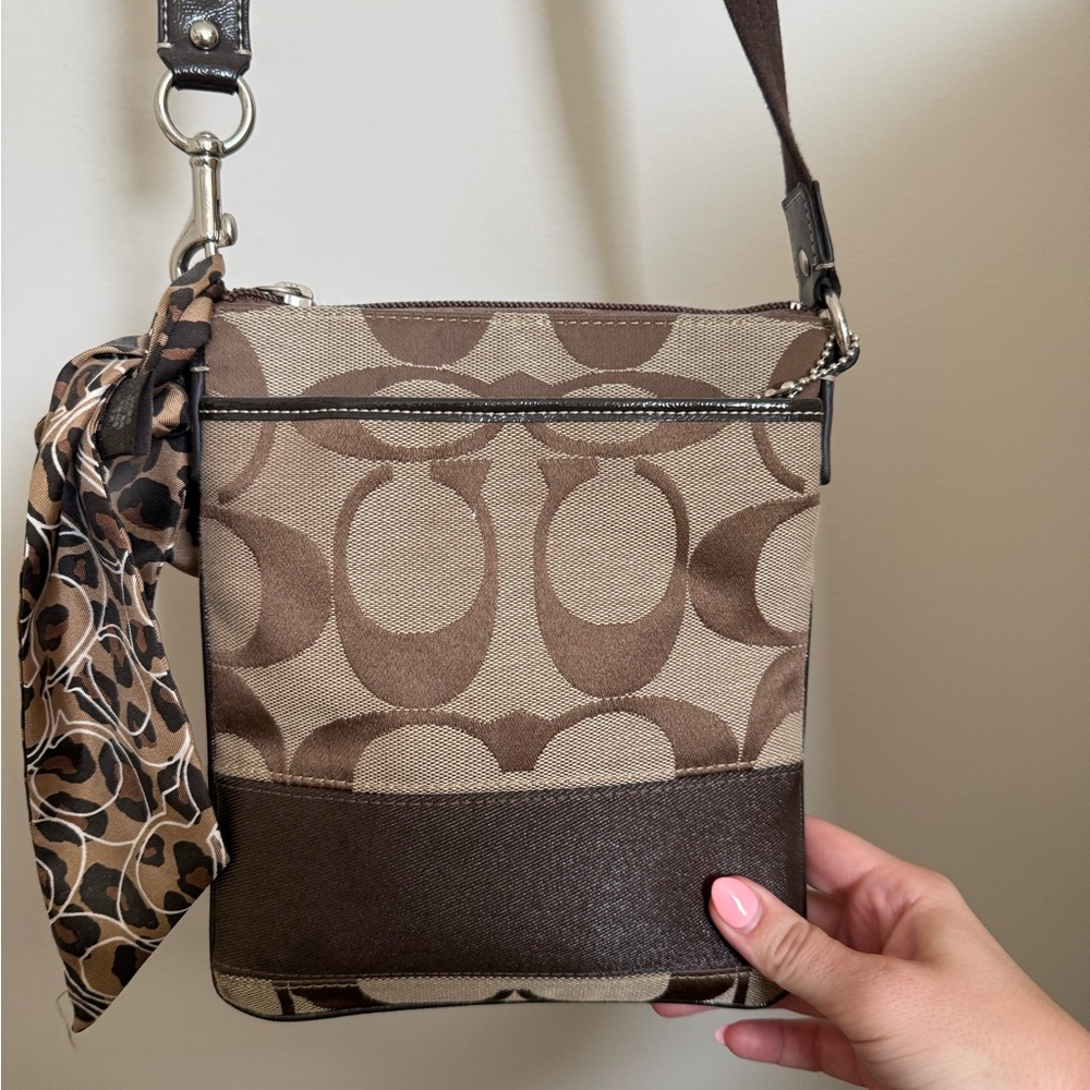 Coach Signature Brown and Tan Crossbody Bag with Leather Trim